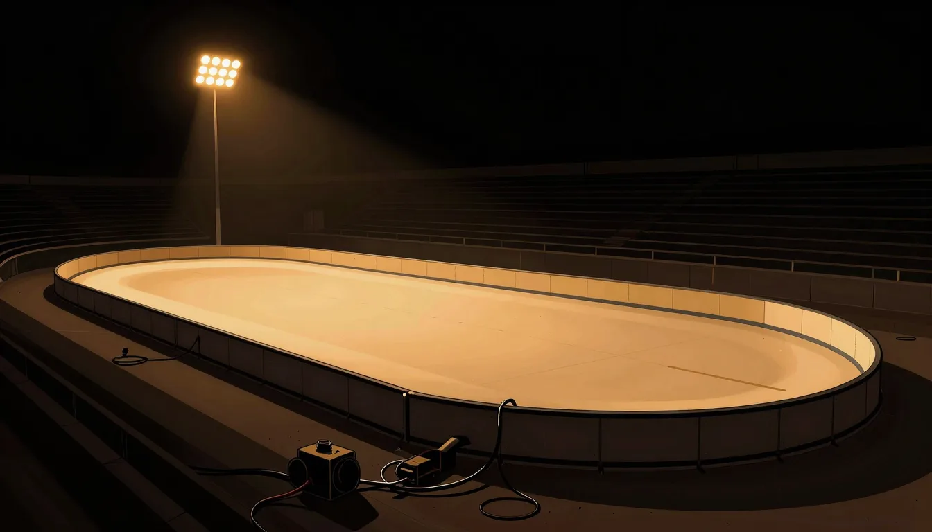 An empty oval racing track under a single amber floodlight, mechanical debris scattered in the shadow of a padded barrier at its edge.