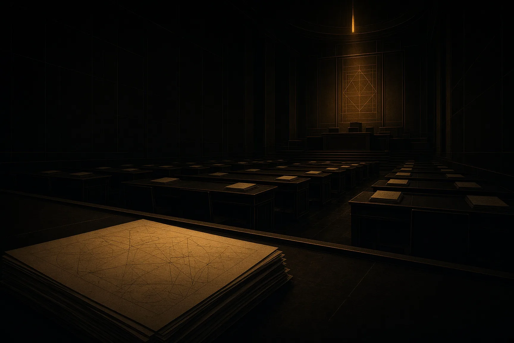 An empty examination hall lit in amber, desks covered with proof-diagram papers under a shadowed judges' podium.