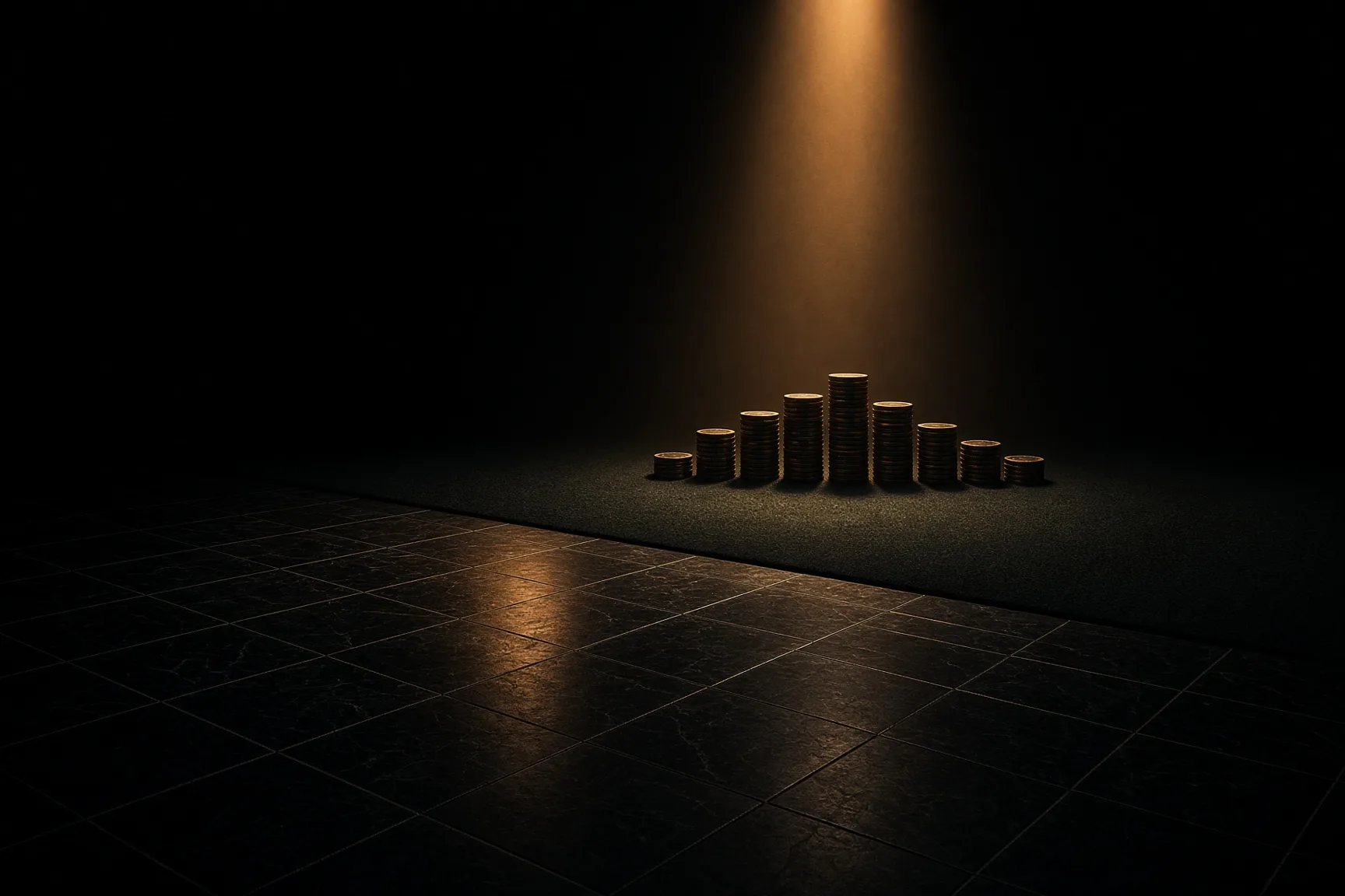 A chessboard floor gives way to a felt card table under a single shaft of amber light, poker chips stacked like chess pieces at the seam.
