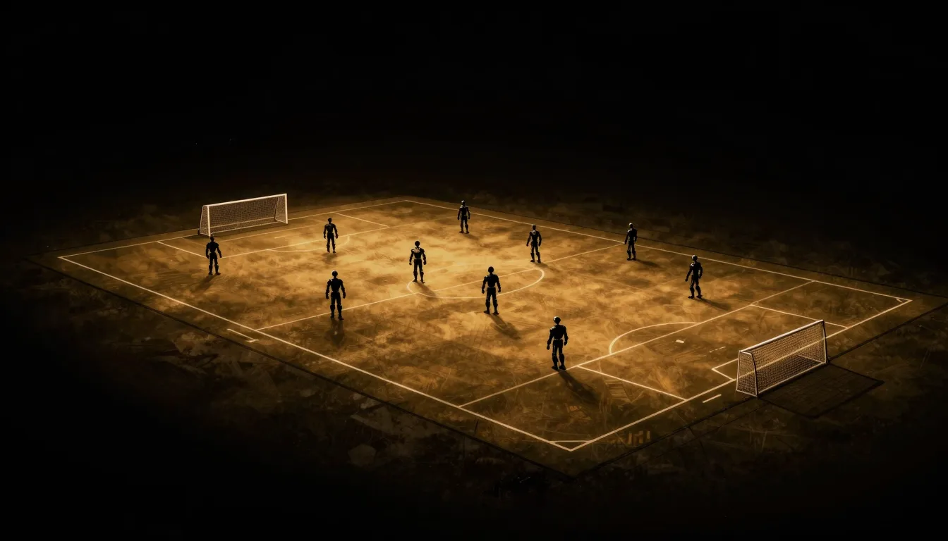 A soccer pitch lit in isolation at dusk, eleven small humanoid silhouettes holding formation across each half of the field.