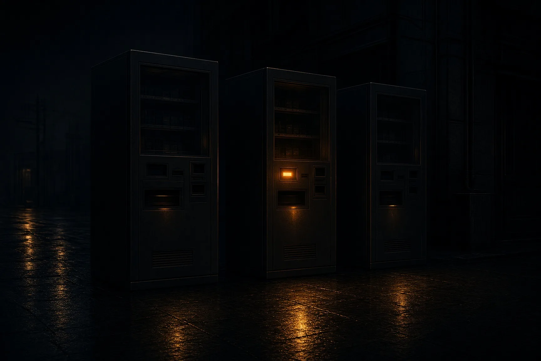 Three vending-machine cabinets stand in a row on an empty night street, one display glowing brighter than the others.